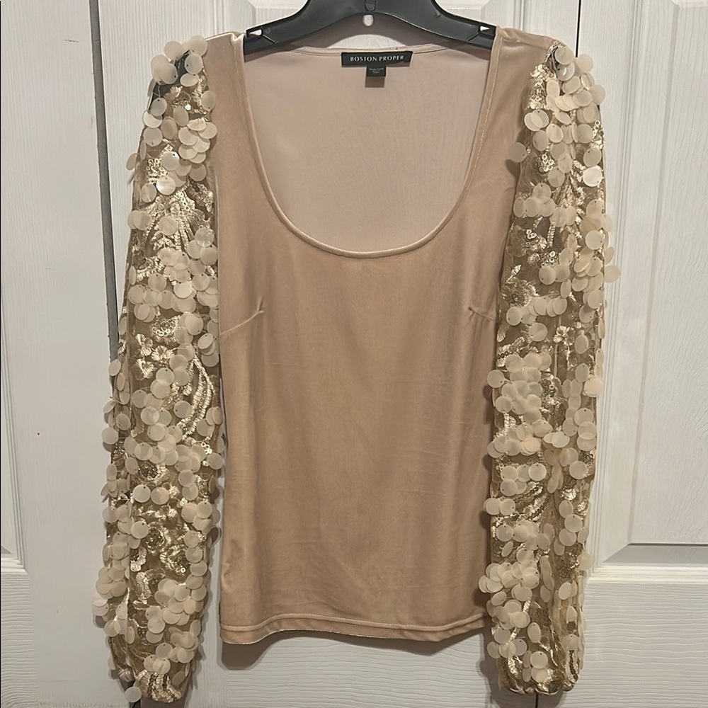 Boston Proper Beige and Gold Sequin Blouse